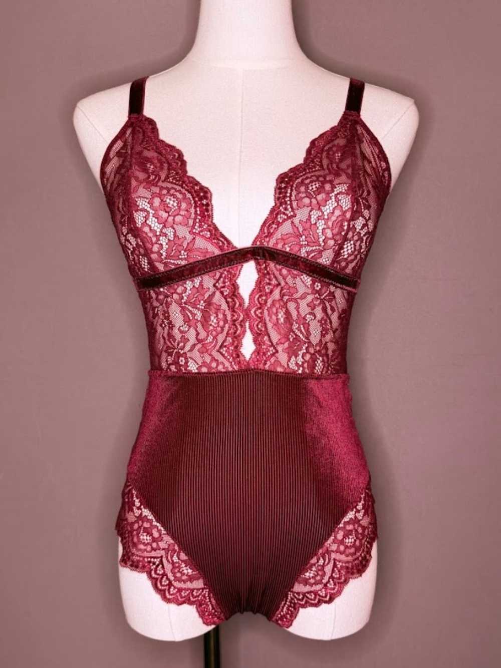 Adore Me Burgundy Lace Velvet Bodysuit Size M NWT Sheer Lace Teddy Lingerie